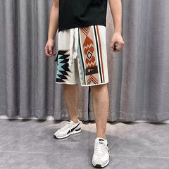 Hearujoy American Vintage Navajo Knit Shorts Summer Mens Ethnic Style Patchwork Pocket Short Trousers Summer Breathable Loose Shorts