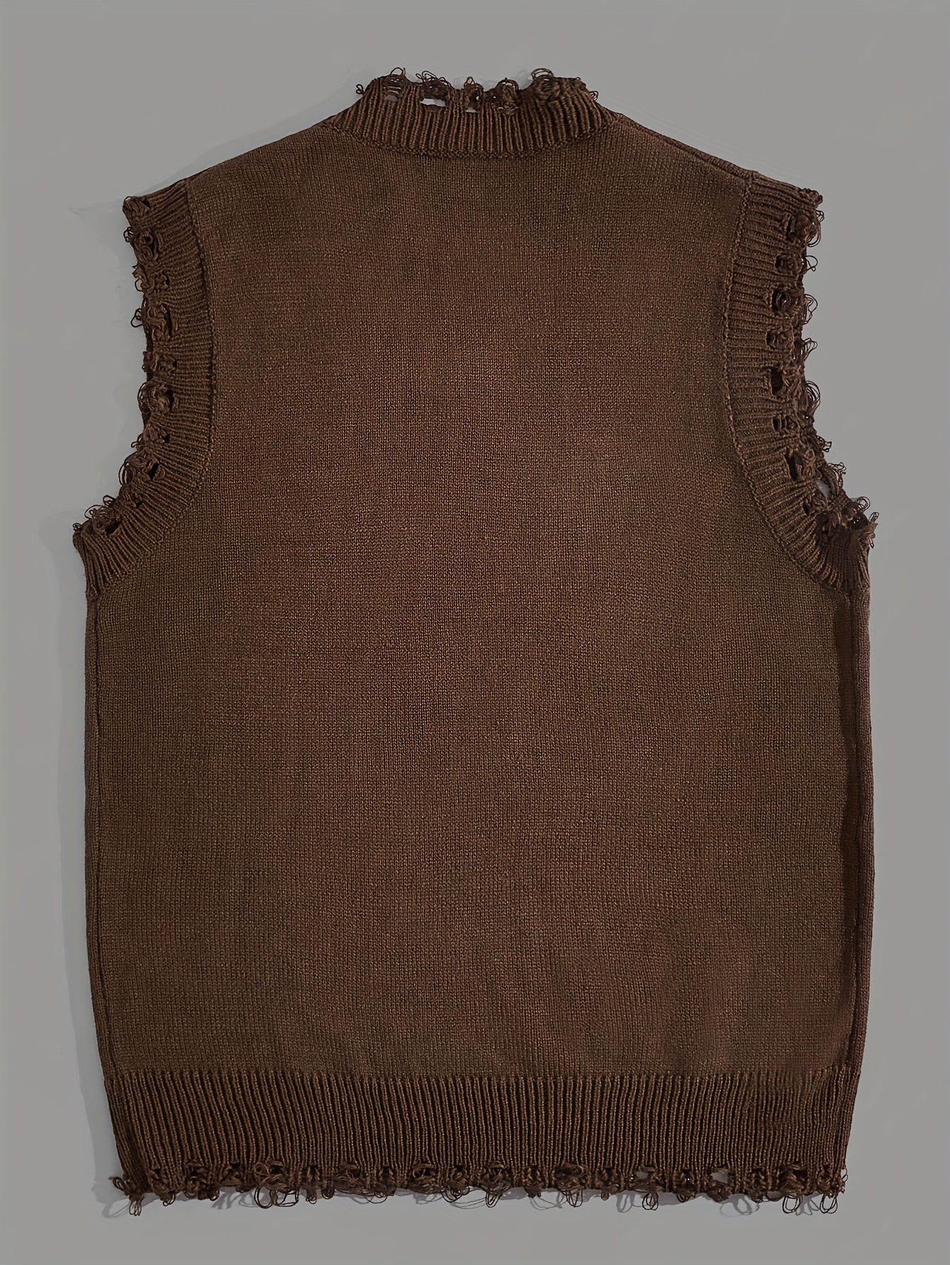 Hearujoy Stylish Men's Brown Knit Sweater Vest with Skull Print - Casual V-Neck, Sleeveless Pullover with Raw Hem Detail, Perfect for Summer
