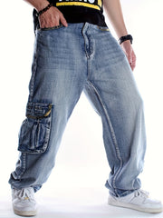 Hearujoy [Loose Oversized Light Jeans] Men's multi pocket light colored jeans, loose and oversized long pants, men's street trend hip-hop oversized street dance skateboard pants, suitable for all seasons