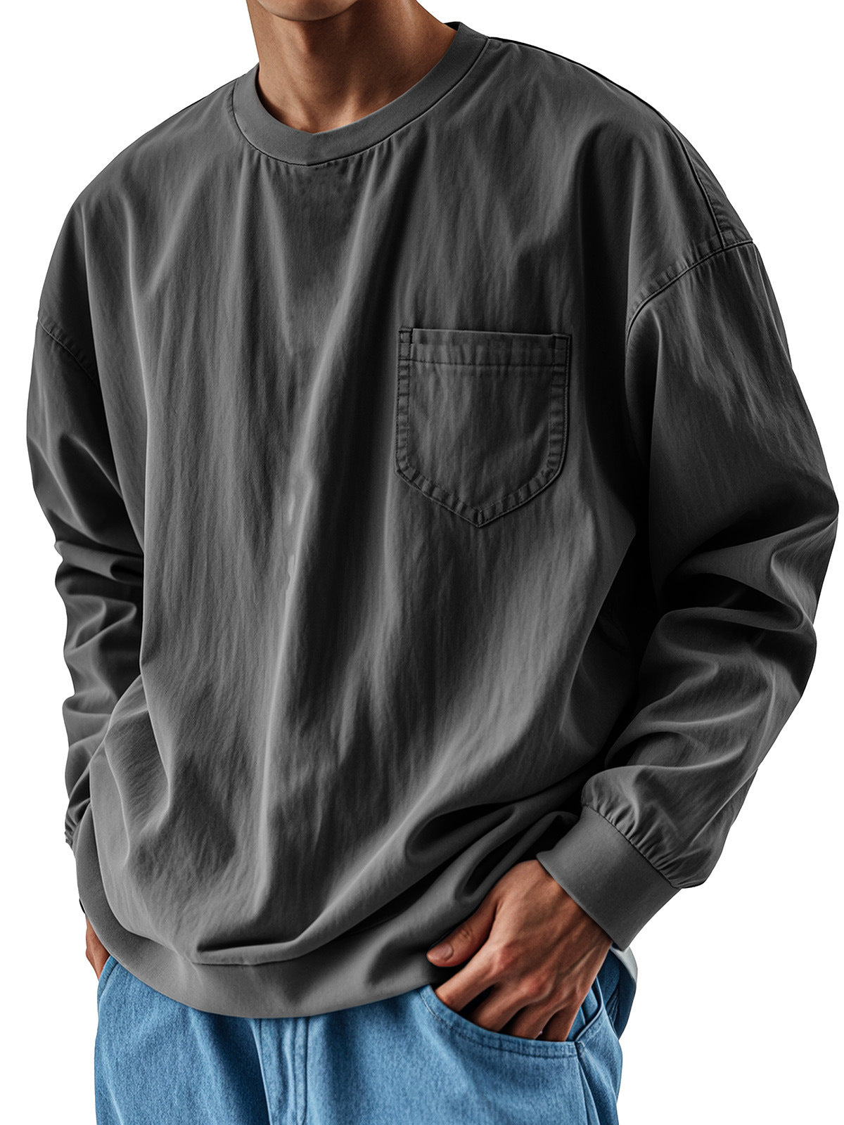 Hearujoy Oversized Loose Long sleeve T-shirt For Men 2025 Spring Fashion Vintage Top Tee Solid Casual Chest Pocket Tshirts streetwear