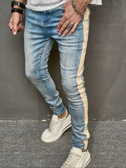 Hearujoy Cross border elastic slim fit motorcycle men's jeans, casual and versatile slimming pants, trendy contrasting striped leggings