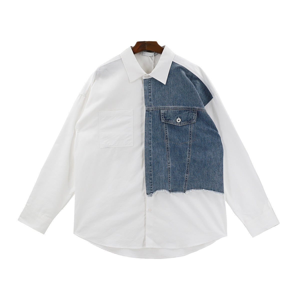 Hearujoy Denim Patchwork White Shirt Men Lapel Long Sleeve Button Loose Tops Spring Autumn Fashion Vintage Shirts Streetwear Male