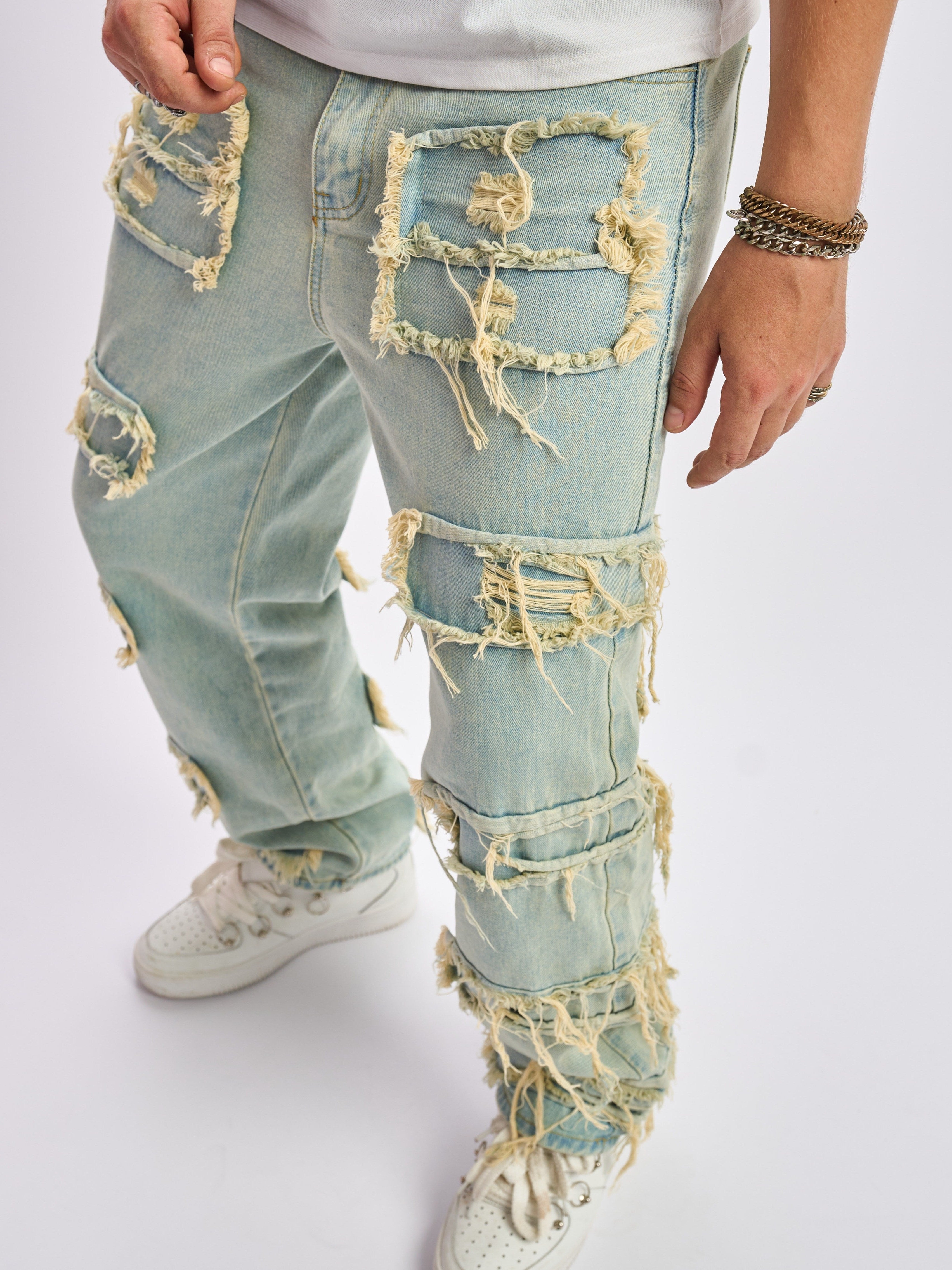 Hearujoy Solid Cotton Blend Frayed Wide Leg Jeans - Men's Stylish Street Style Bottoms