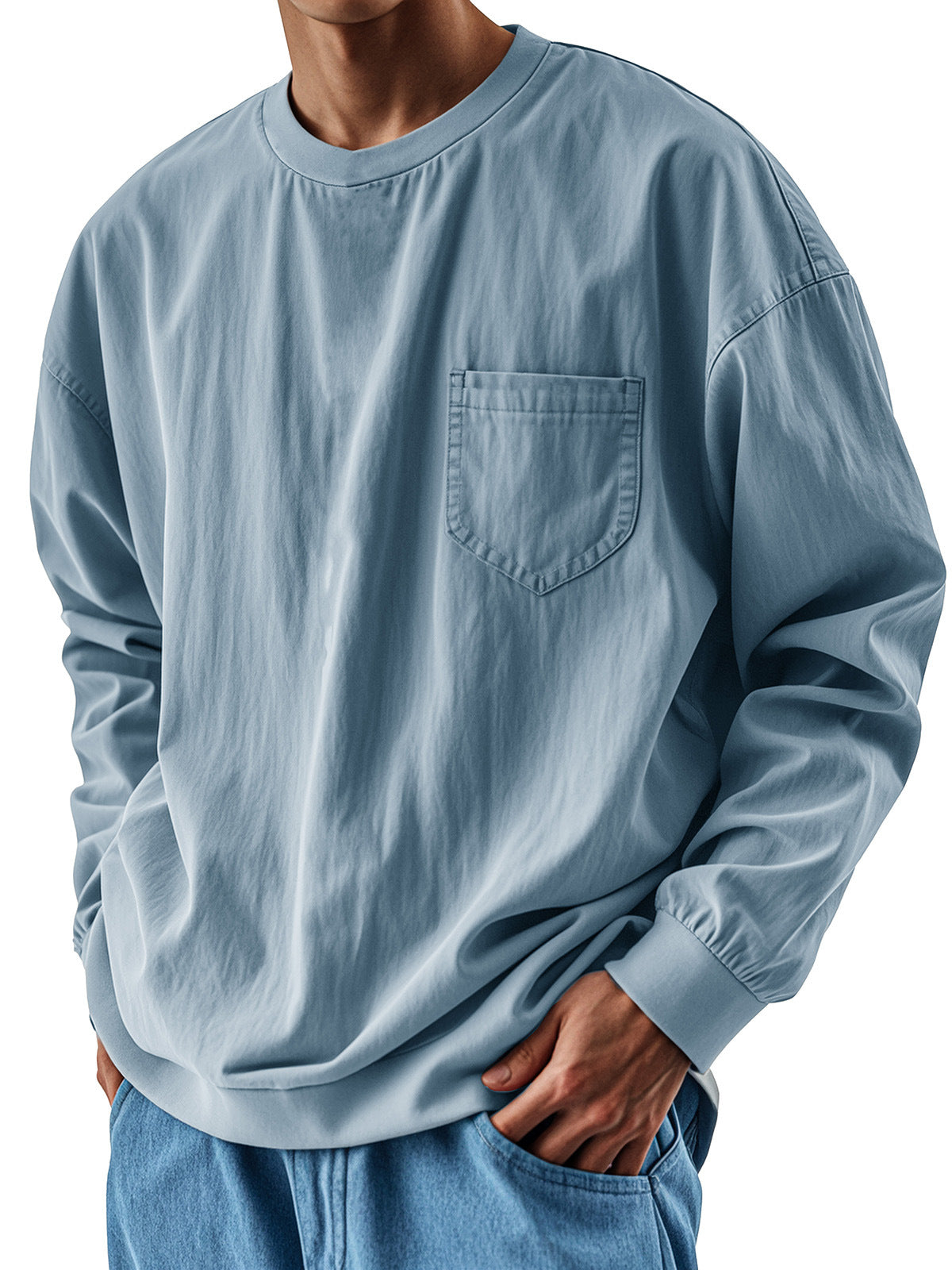 Hearujoy Oversized Loose Long sleeve T-shirt For Men 2025 Spring Fashion Vintage Top Tee Solid Casual Chest Pocket Tshirts streetwear