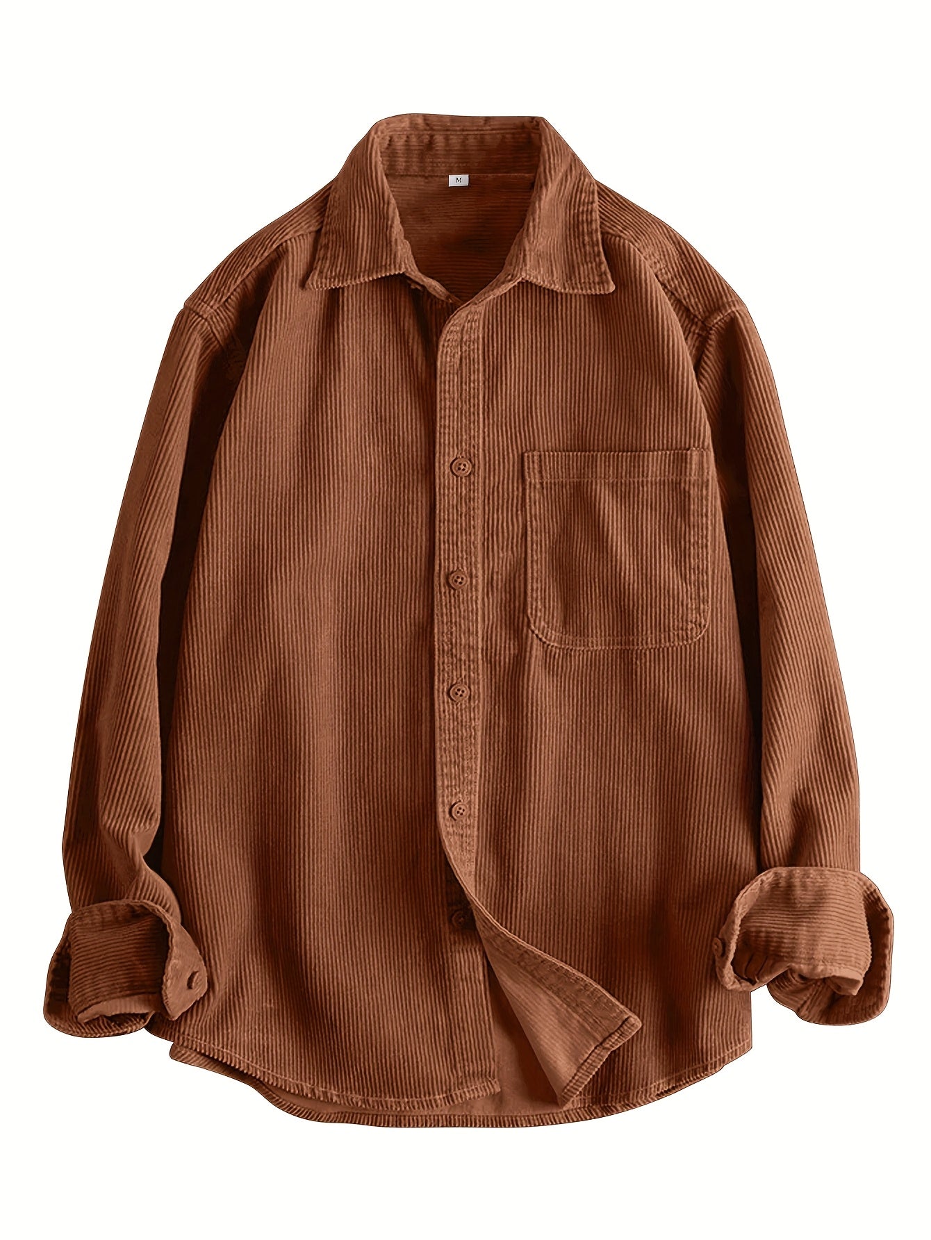 HEARUJOY  -  Men's Casual Corduroy Long Sleeve Shirt - Solid Color, Button Detail, Single Breasted, Loose Fit - Polyester 100%, Non-Stretch Fabric, 270gsm, Acetate Lining, Lapel Collar, Woven Placket, Weeke