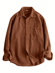 HEARUJOY  -  Men's Casual Corduroy Long Sleeve Shirt - Solid Color, Button Detail, Single Breasted, Loose Fit - Polyester 100%, Non-Stretch Fabric, 270gsm, Acetate Lining, Lapel Collar, Woven Placket, Weeke