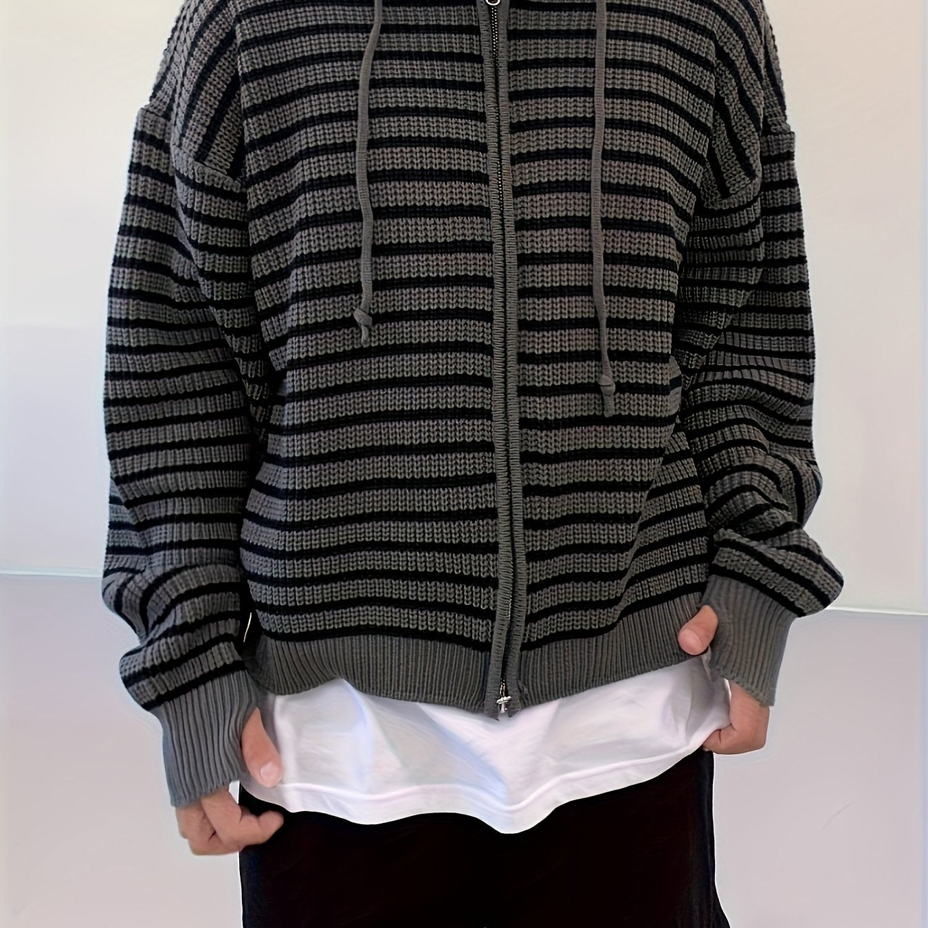 HEARUJOY  -  Men's Casual Striped Hooded Knit Cardigan - Soft Acrylic Zip-Up Sweater, Loose Fit for All Seasons, Black & White Vertical Stripes, Perfect for Commuting or Leisure Outings, Allseason Sweater | Zipup Cardigan | S