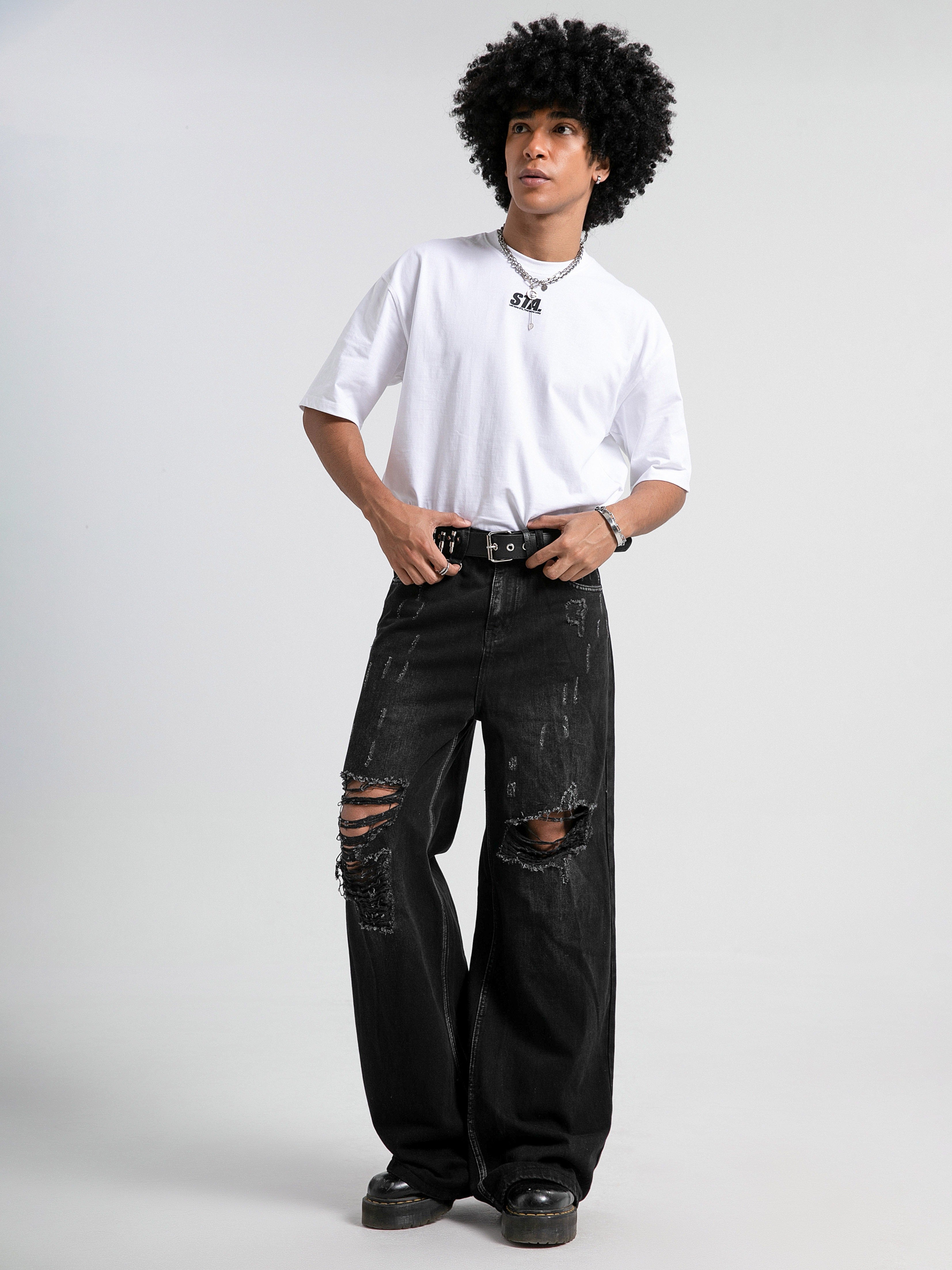 Hearujoy [Distressed Men's Street Jeans Designs] Men's Jeans With Distressed Designs On The Street, Men's Ins Street Dance Skateboard, Loose Straight Leg Casual Denim Pants