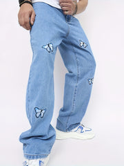 Hearujoy Men'S High Street Style Loose Fit Faux Denim Faux Denim, Wide Leg, Non-Stretch Cotton Blend, Solid Color, Regular Length, with Butterfly Print, for All-Season Wear