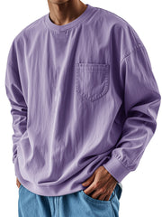 Hearujoy Oversized Loose Long sleeve T-shirt For Men 2025 Spring Fashion Vintage Top Tee Solid Casual Chest Pocket Tshirts streetwear