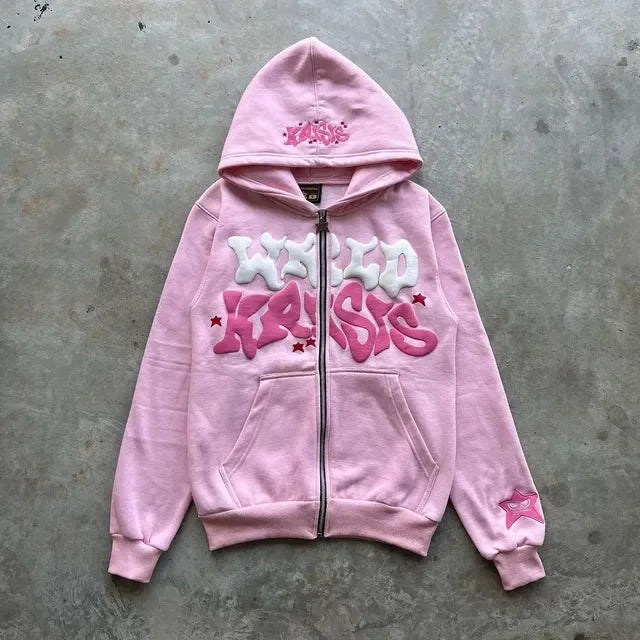 Hearujoy  Men and Women Zippered Pink Foam Hooded, Harajuku Casual Clothing, European and American Classic, Loose, Y2K, 2024