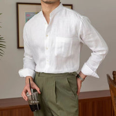 Hearujoy Vintage  Linen Shirt For Men Summer Thin Breathable Short sleeved Tops Light Luxury Casual Loose Stand Collar Blouse Streetwear