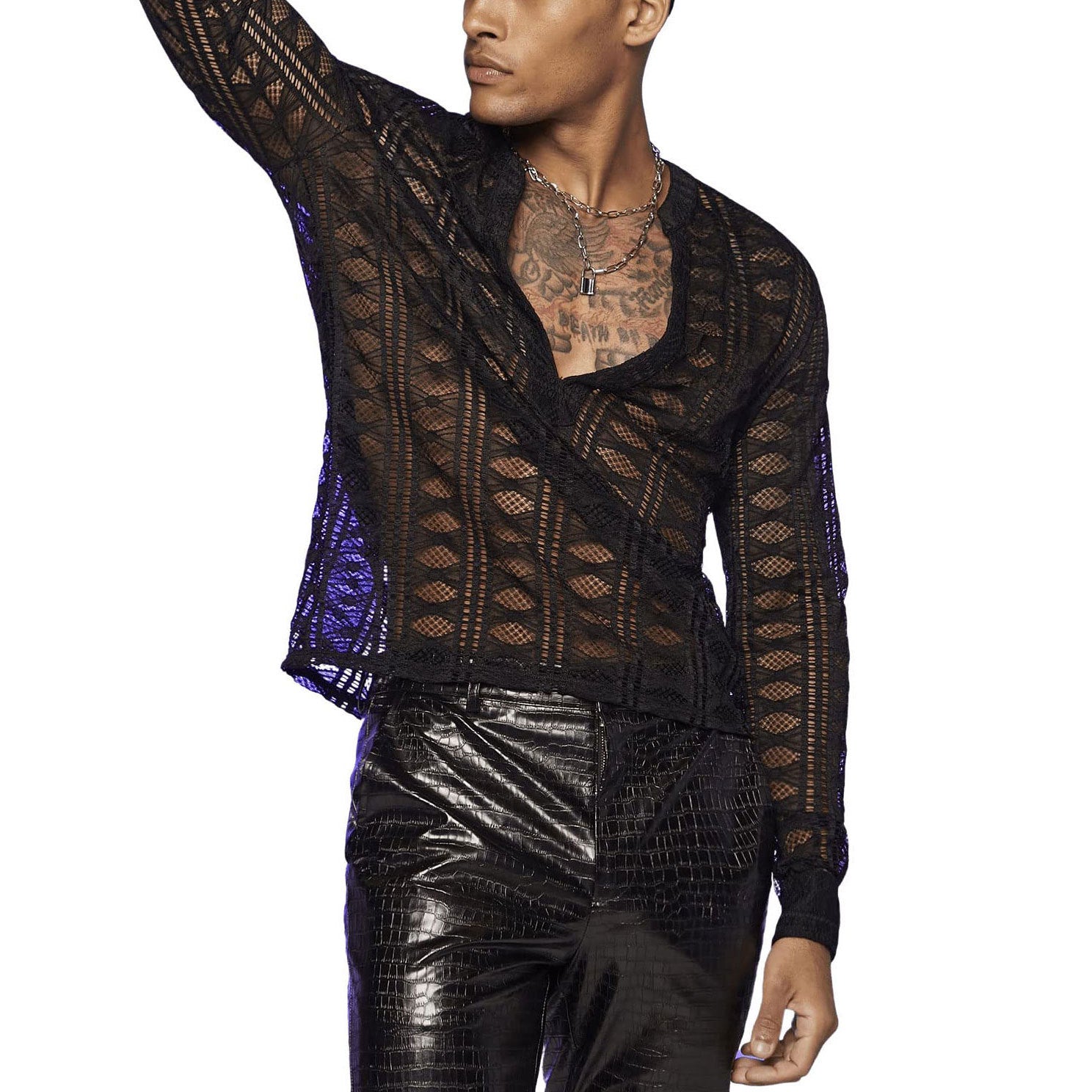 Hearujoy Fishing Net Transparent Shirt For Men V-neck Lace Long Sleeved Tshirts Tops Autumn Fashion Sexy Mesh Hollow Out Shirts Pullover