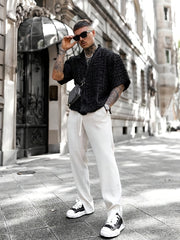 Hearujoy Stylish Men's Black Plaid Short-Sleeve Shirt with Tassel Hem - Casual American-Inspired, Button-Up, Polyester, Machine Washable for Summer Fashion