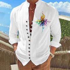 Hearujoy Vintage 3D Print Shirt Mens Long Sleeve Stand Collar Loose Casual Top Streetwear Spring Autumn Fashion Retro Shirts For Men