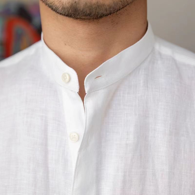 Hearujoy Vintage  Linen Shirt For Men Summer Thin Breathable Short sleeved Tops Light Luxury Casual Loose Stand Collar Blouse Streetwear