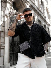 Hearujoy Stylish Men's Black Plaid Short-Sleeve Shirt with Tassel Hem - Casual American-Inspired, Button-Up, Polyester, Machine Washable for Summer Fashion