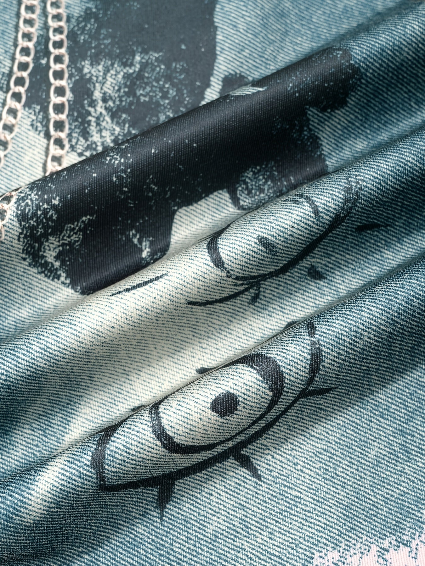 Hearujoy Men'S Street Style Wide Leg Faux Denim, 100% Polyester, Unique Chain Print & Burnout Design, Casual Mid Waist with Pockets, Non-Stretch Woven Fabric, Zipper Placket, Loose Fit, Regular Length
