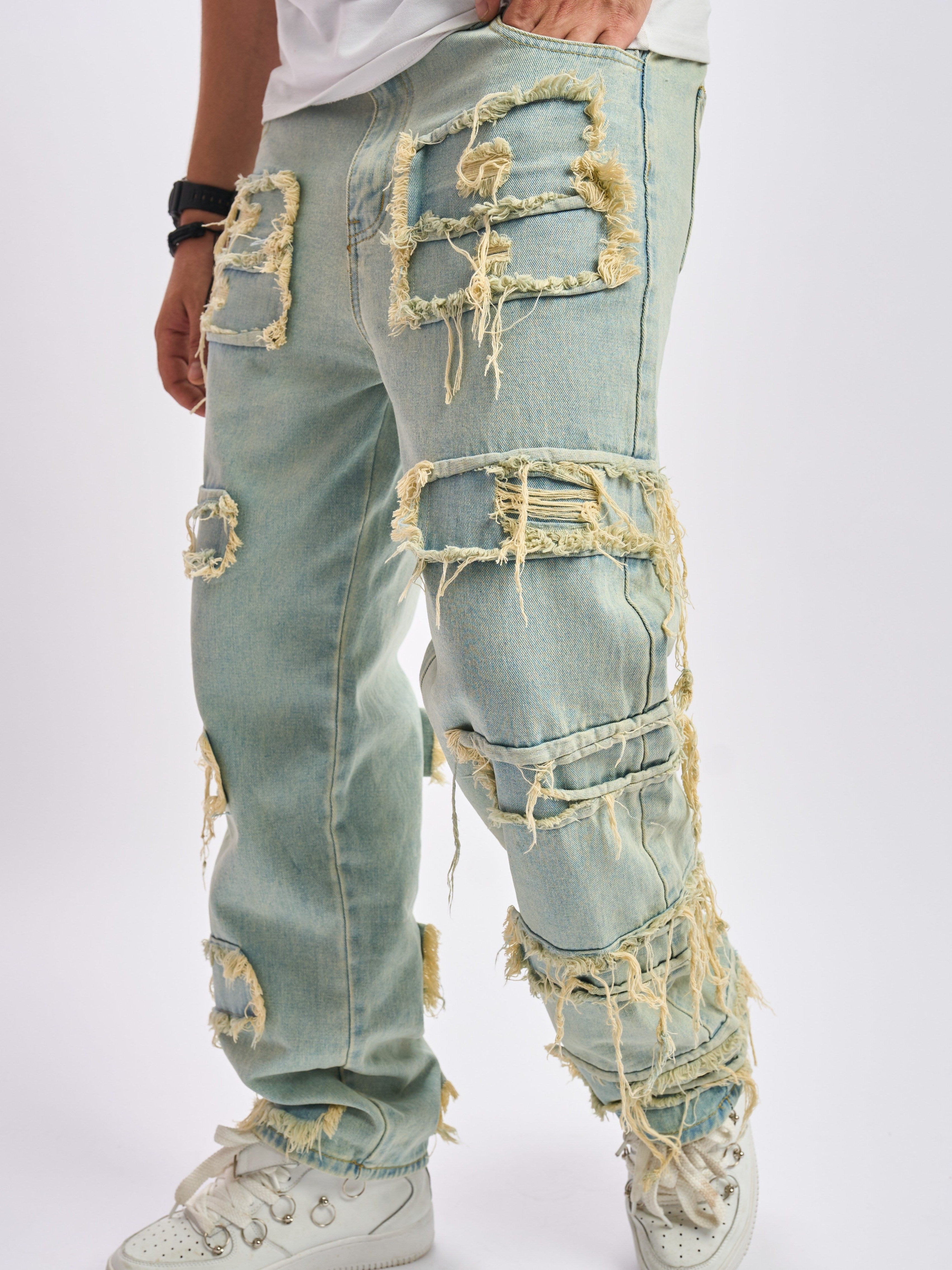 Hearujoy Solid Cotton Blend Frayed Wide Leg Jeans - Men's Stylish Street Style Bottoms