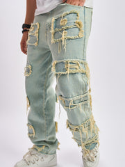 Hearujoy Solid Cotton Blend Frayed Wide Leg Jeans - Men's Stylish Street Style Bottoms