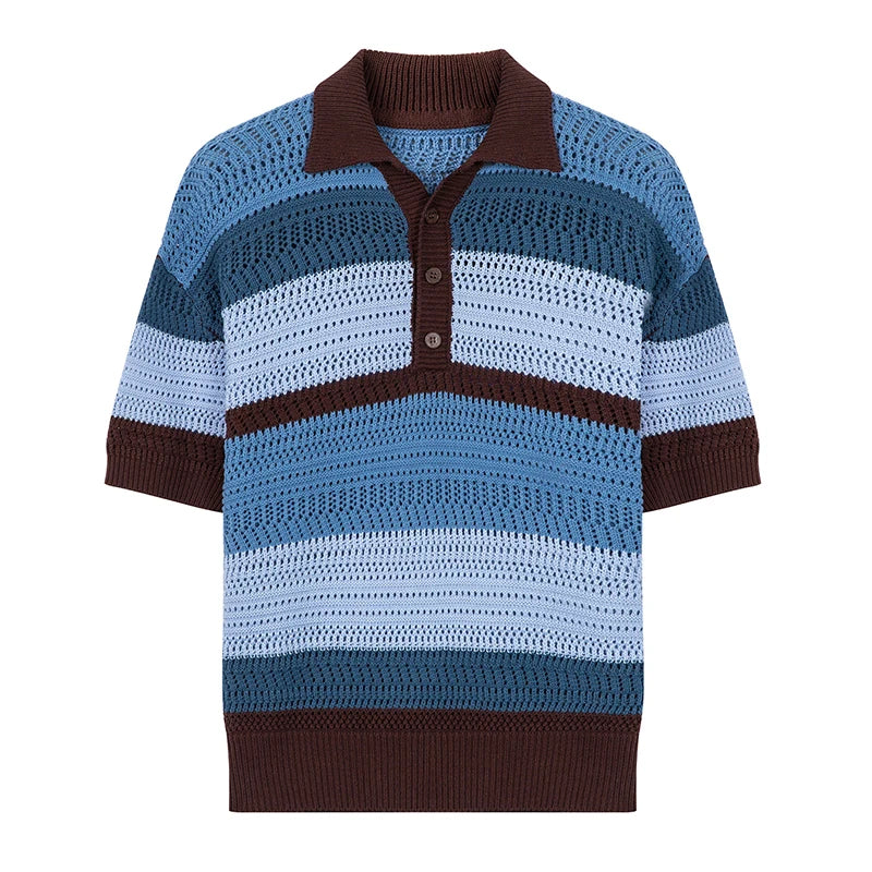 Hearujoy American Vintage Striped Knitted Polo Shirt For Men Fashion Contrast Color Hollow Out Kint Tops New Summer Short Sleeve Tshirs
