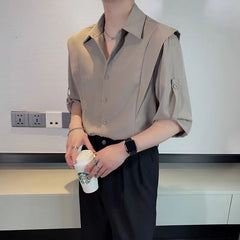 Hearujoy Summer Ice Silk Shirt For Men Fashion Casual Three Quarter Sleeve Tops Trendy Vintage Fake Two Shirts Streetwear Advanced Sense