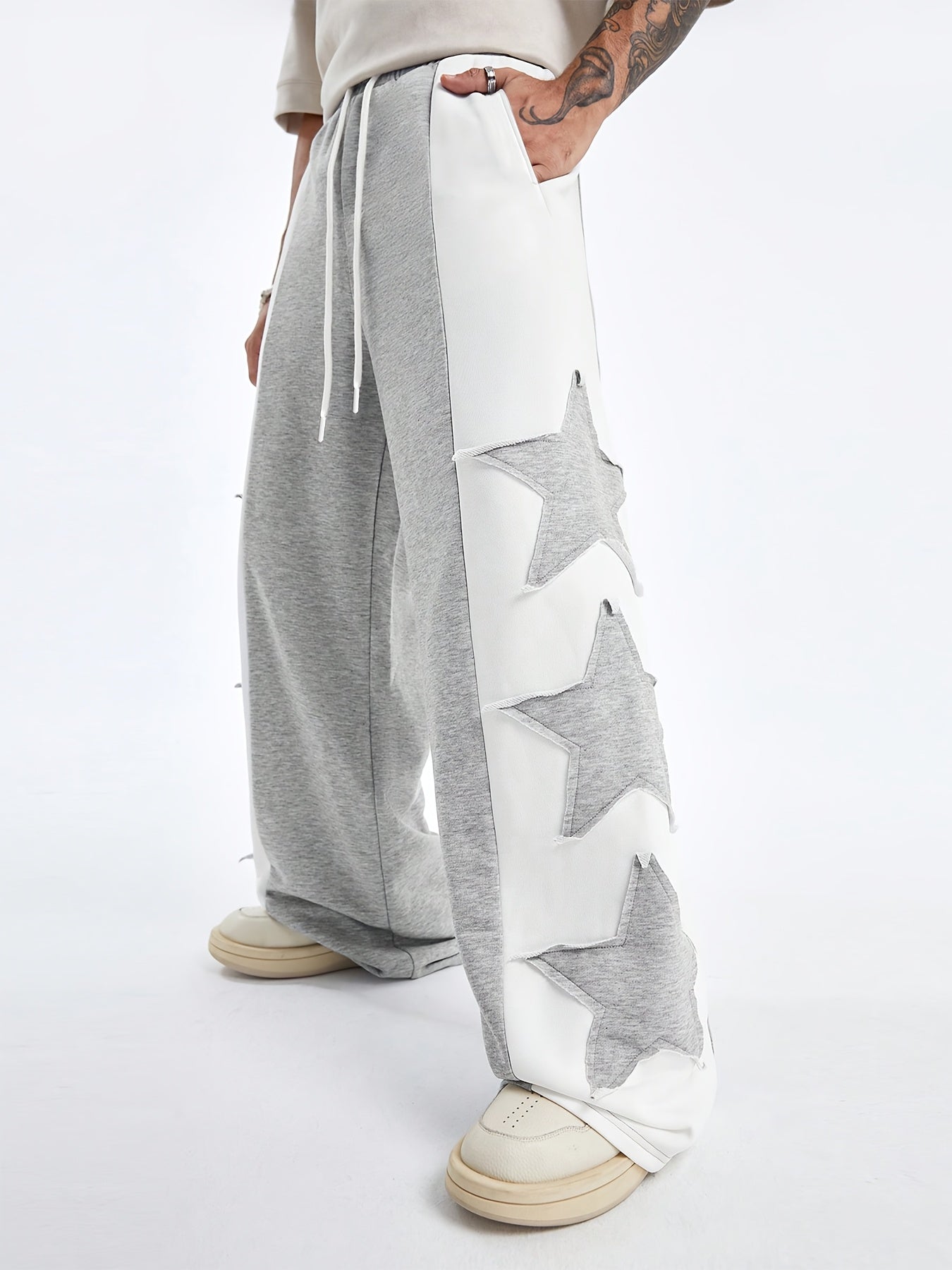 Hearujoy Star Pattern Contrast Trousers, High Street Style Casual Loose Sports Pants with Stitching Detail, Machine Washable Polyester, Daily, Polyester