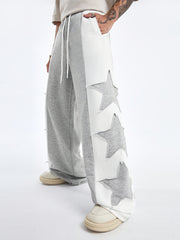 Hearujoy Star Pattern Contrast Trousers, High Street Style Casual Loose Sports Pants with Stitching Detail, Machine Washable Polyester, Daily, Polyester