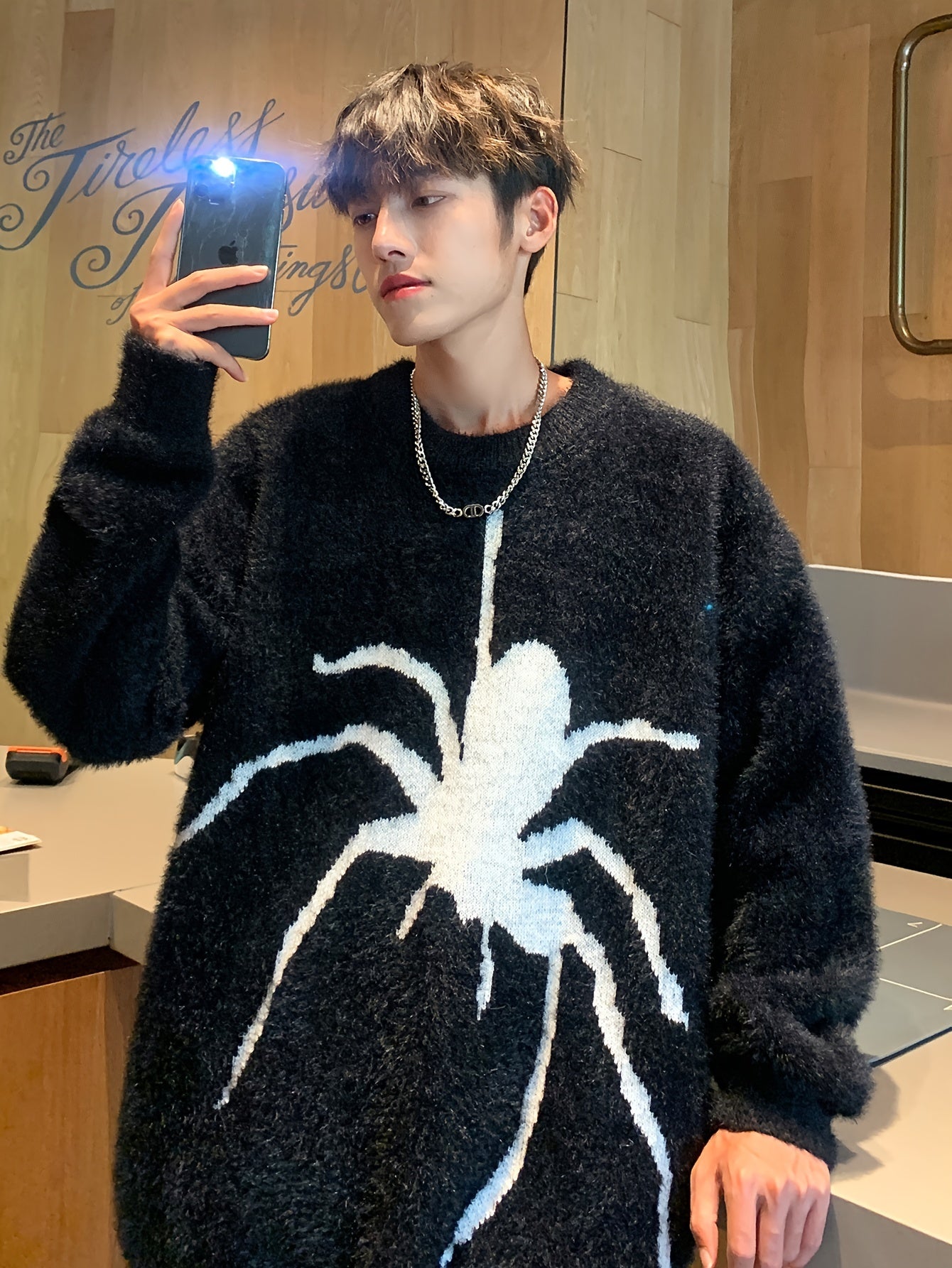 Hearujoy 1pc Men'S Casual Spider Jacquard Crew Neck Sweater - Polyester Knit Fabric, Medium Stretch, Loose Fit, Animal Pattern, Color Block Details, Fashion Essential for Fall/Winter