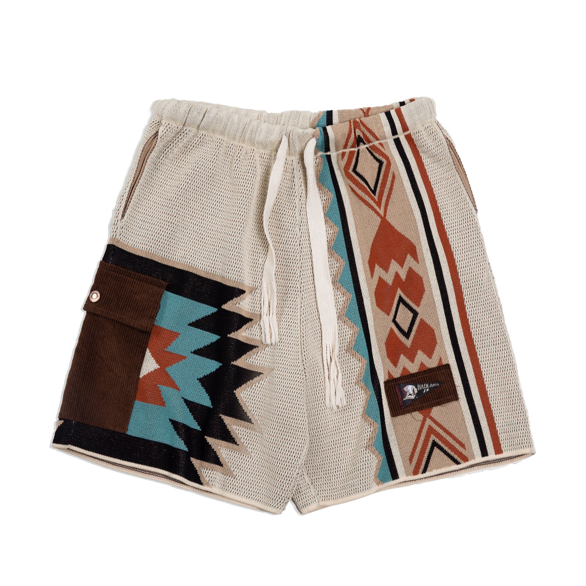 Hearujoy American Vintage Navajo Knit Shorts Summer Mens Ethnic Style Patchwork Pocket Short Trousers Summer Breathable Loose Shorts