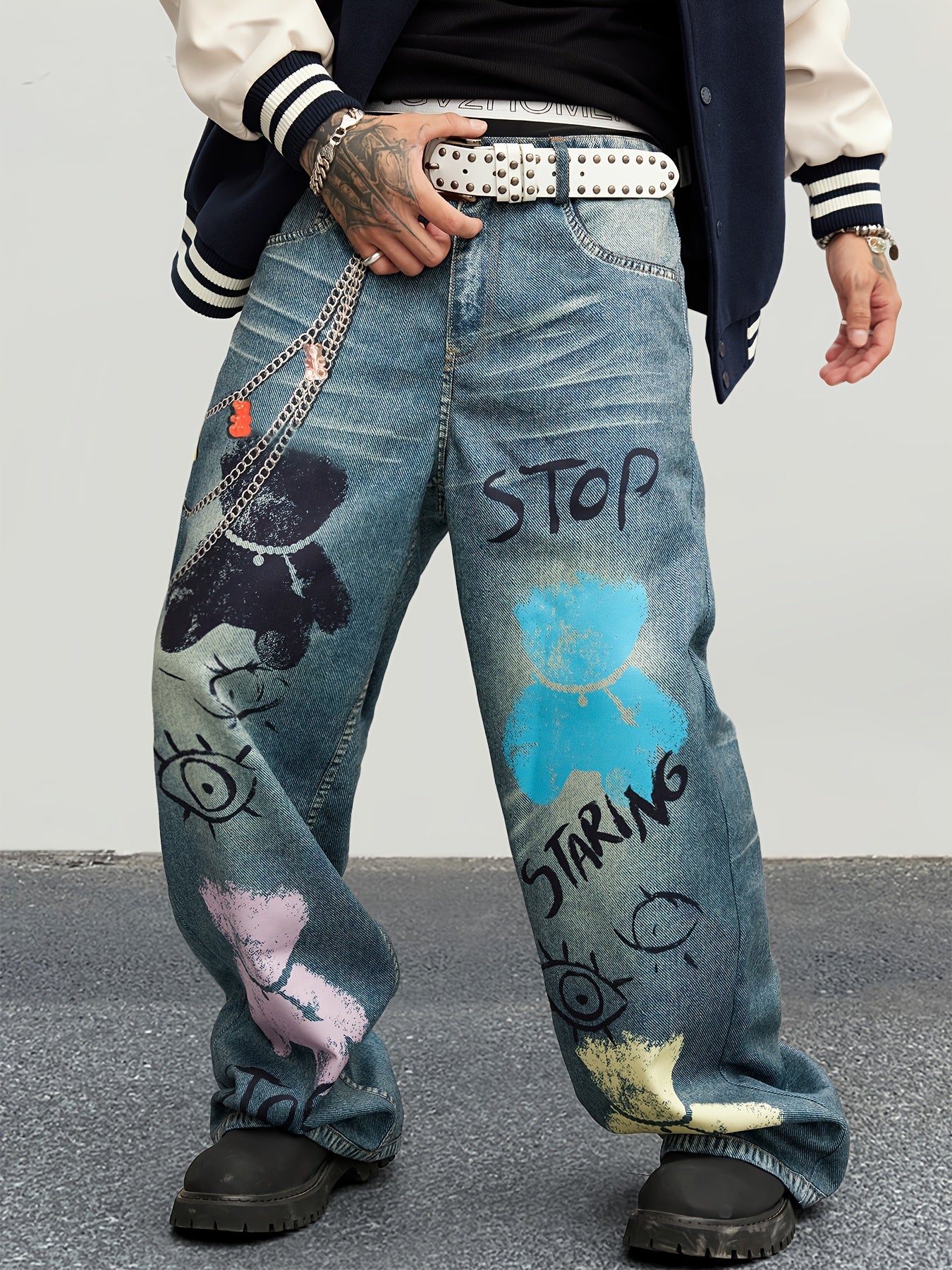 Hearujoy Men'S Street Style Wide Leg Faux Denim, 100% Polyester, Unique Chain Print & Burnout Design, Casual Mid Waist with Pockets, Non-Stretch Woven Fabric, Zipper Placket, Loose Fit, Regular Length