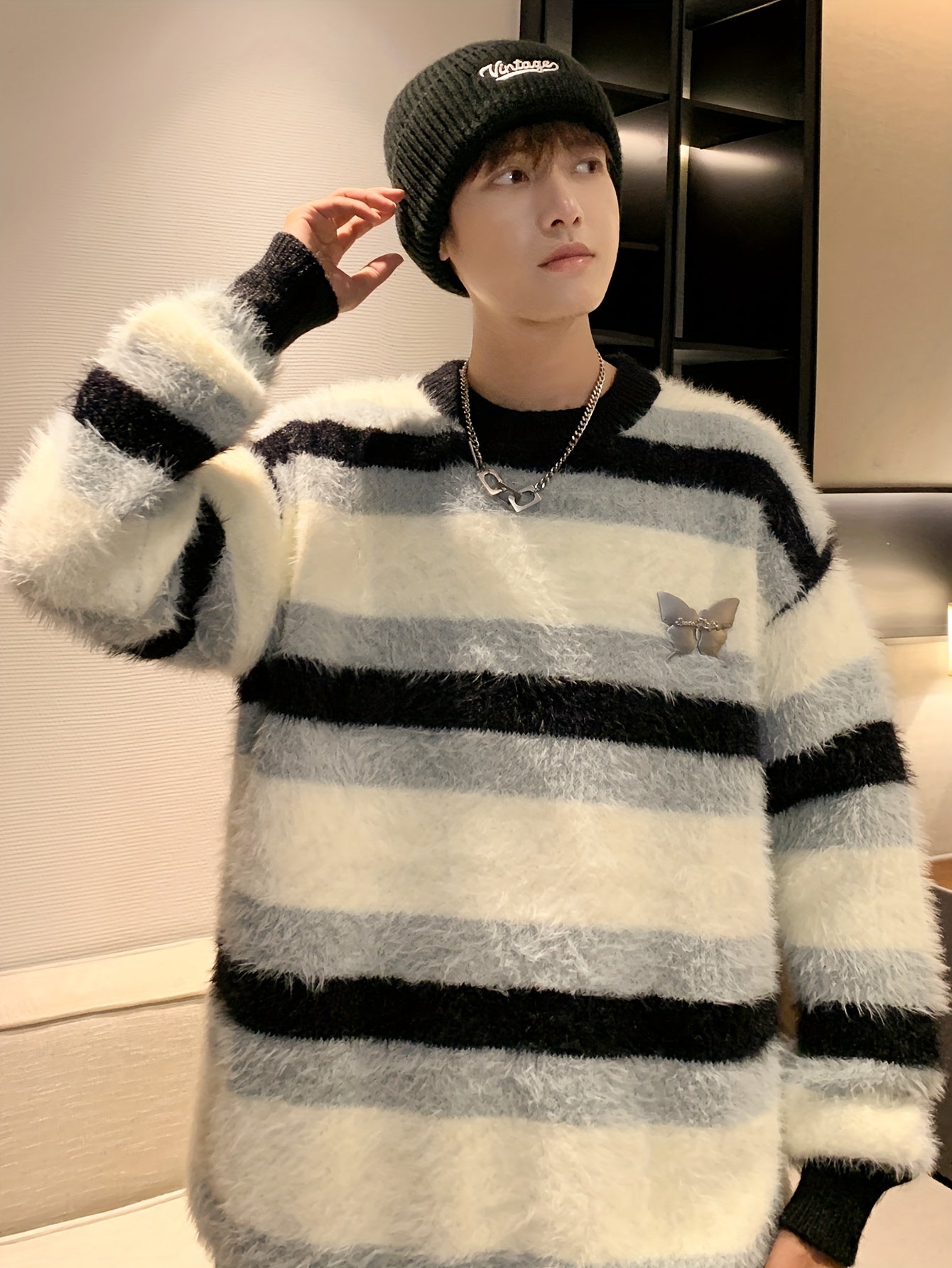 Men'S Casual Crew Neck Sweater, 100% Polyester Knit Fabric, Striped Color Block, Loose Fit, Medium Stretch, Fall/Winter Outerwear, Soft and Cozy Couples' Sweater