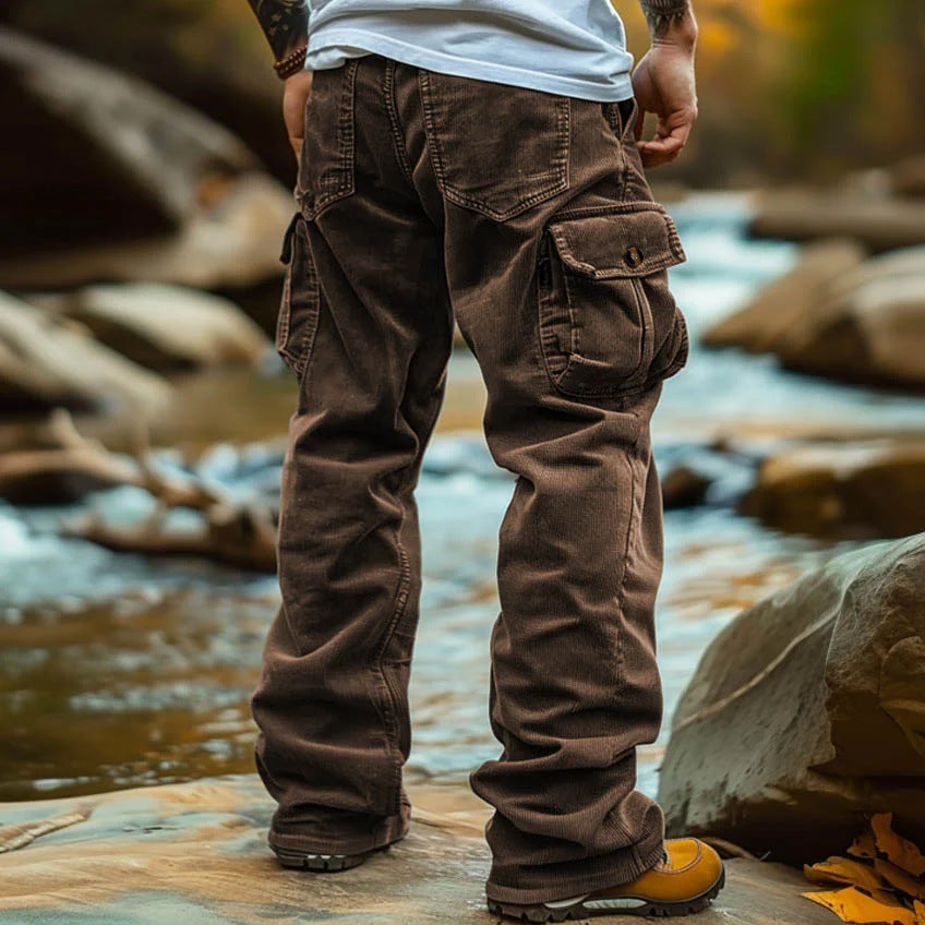 Hearujoy American Vintage Corduroy Pants For Men Foot Elastic Windproof Design Big Pocket Cargo Pant  Autumn Winter Casual Loose Trousers