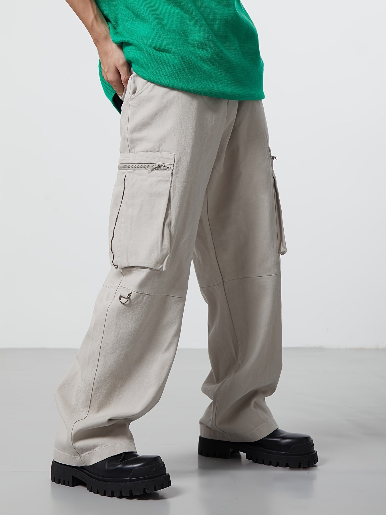 Hearujoy [1pc Men'S Loose-Fit Cargo Pants] Men'S Loose-Fit Cargo Pants, Polyester Solid Color Street Style, Regular Length, Non-Stretch Woven Fabric, with Multiple Pockets for All-Season Casual Wear
