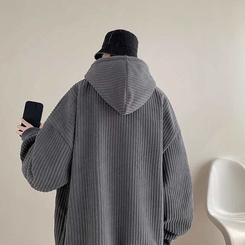 Hearujoy Big Drawstring Corduroy Hoodie For Men Autumn And Winter with Plush Thickened Loose hooded sweatshirt Fashion Vintage Tops Coat