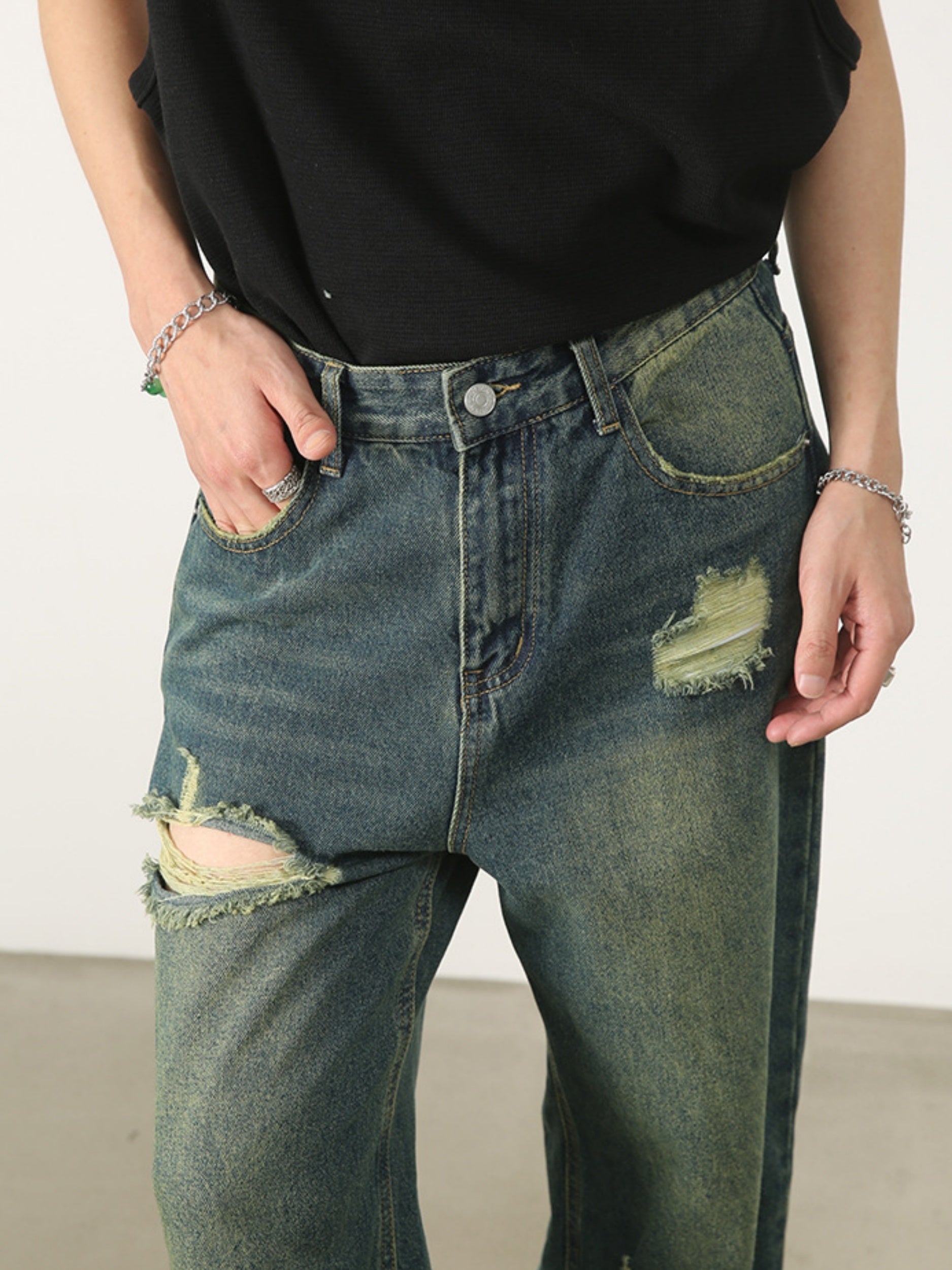 Hearujoy Men's Denim New Design Sense Street Dance Hip-hop Skateboard Hole Straight Leg Jeans Frosted Wide Leg Loose Casual Denim Pants