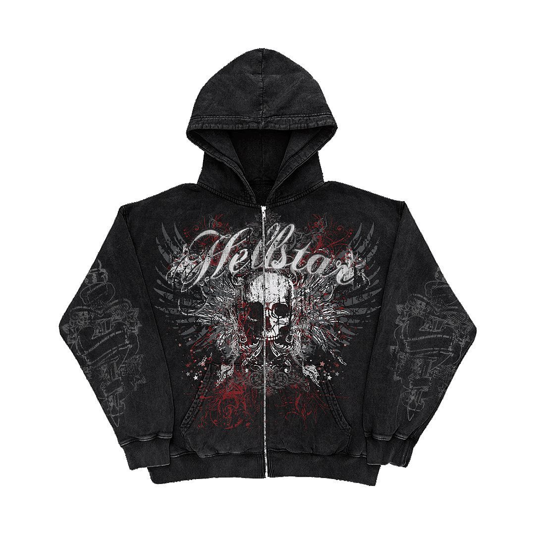 Hearujoy  American Y2K Motorcycle Style Winter Letter Skull Print Zipper Hoodie Long Sleeve Sweater