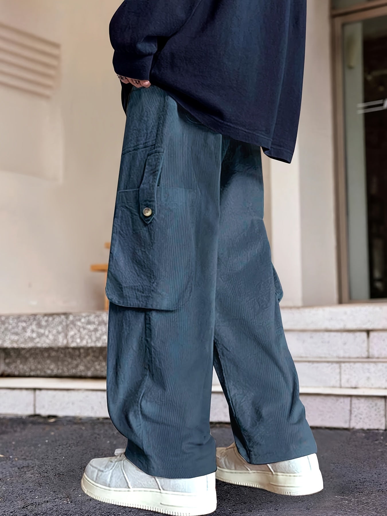 Hearujoy Men's Loose Solid Corduroy Pants With Multi Pockets, Casual Drawstring Trousers For Outdoor Activities Gift