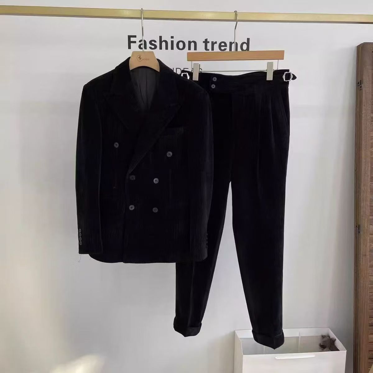Hearujoy British Style Men's Corduroy Casual Double Breasted Suit And Naples Pant Two-piece Set Fashion Vintage Business Suits Outfits