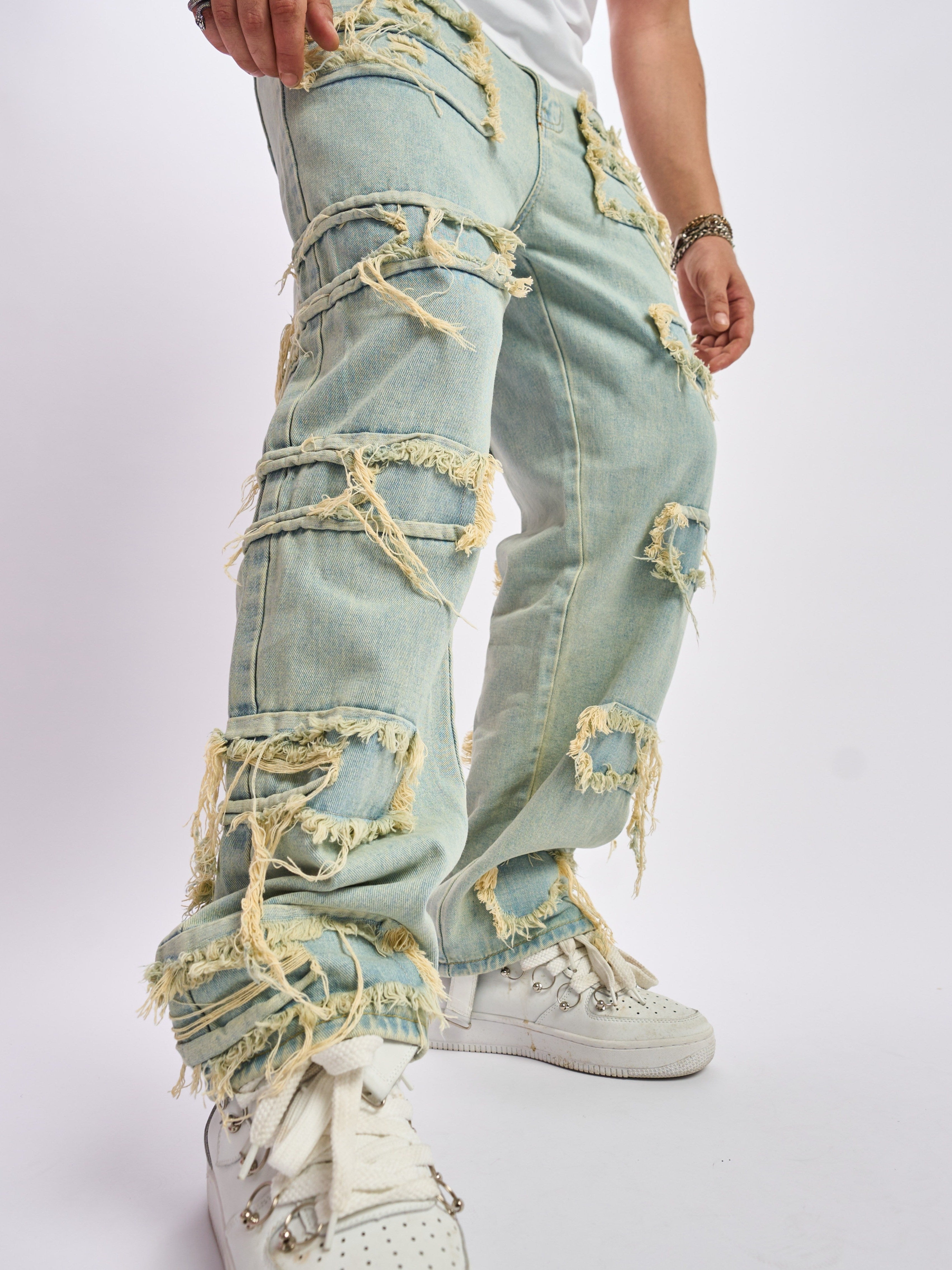 Hearujoy Solid Cotton Blend Frayed Wide Leg Jeans - Men's Stylish Street Style Bottoms