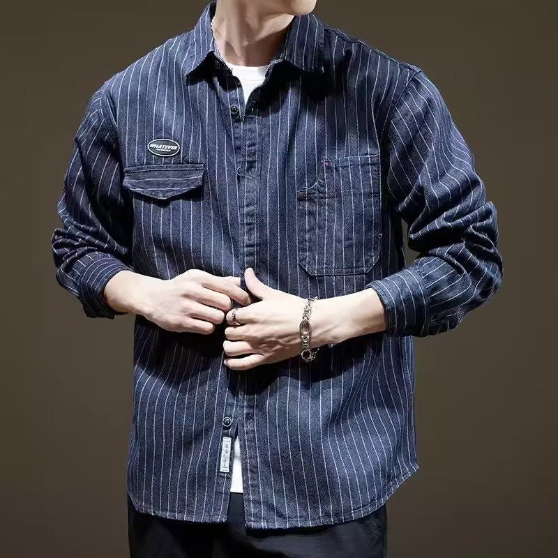 Hearujoy Japanese Retro Style striped shirt For Men Spring Autumn Long Sleeve Loose Tops American heavyweight Workwear Shirts Streetwear