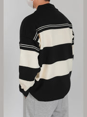 Hearujoy Men's Preppy Striped Knit Shirt - Casual Long Sleeve, Loose Fit for Spring/Fall