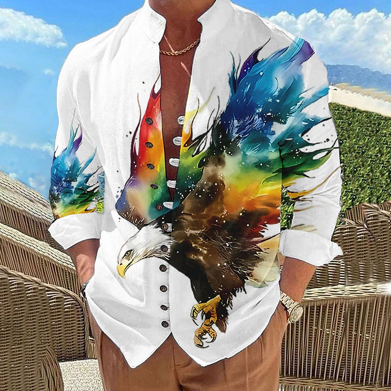 Hearujoy Vintage 3D Print Shirt Mens Long Sleeve Stand Collar Loose Casual Top Streetwear Spring Autumn Fashion Retro Shirts For Men