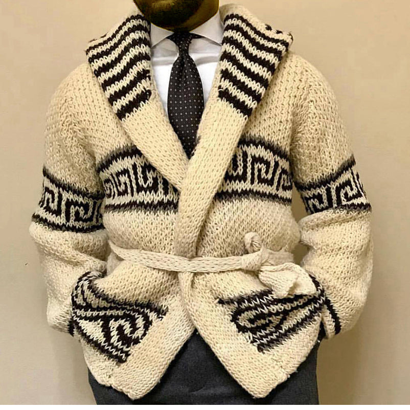 Hearujoy Autumn Winter Men Thicken Jacquard Knitted Cardigan Coat Vintage Turndown Collar With Waistband Thick Needle Sweater Streetwear