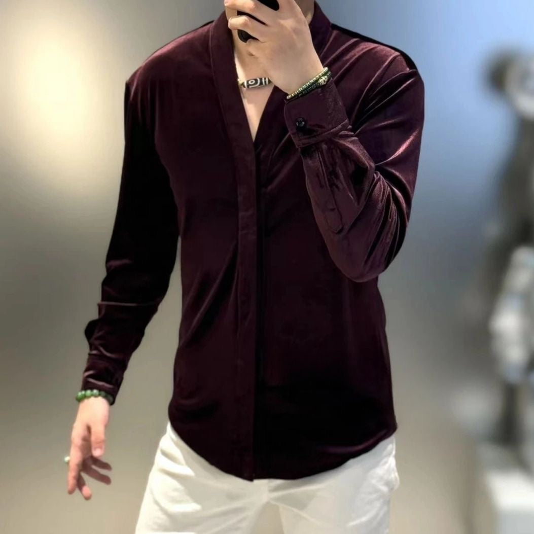 Hearujoy Retro Velvet Shirt For Men Spring Autumn V-neck Long Sleeve Versatile Top Fashion Light Luxury Vintage Mature Shirts Streetwear
