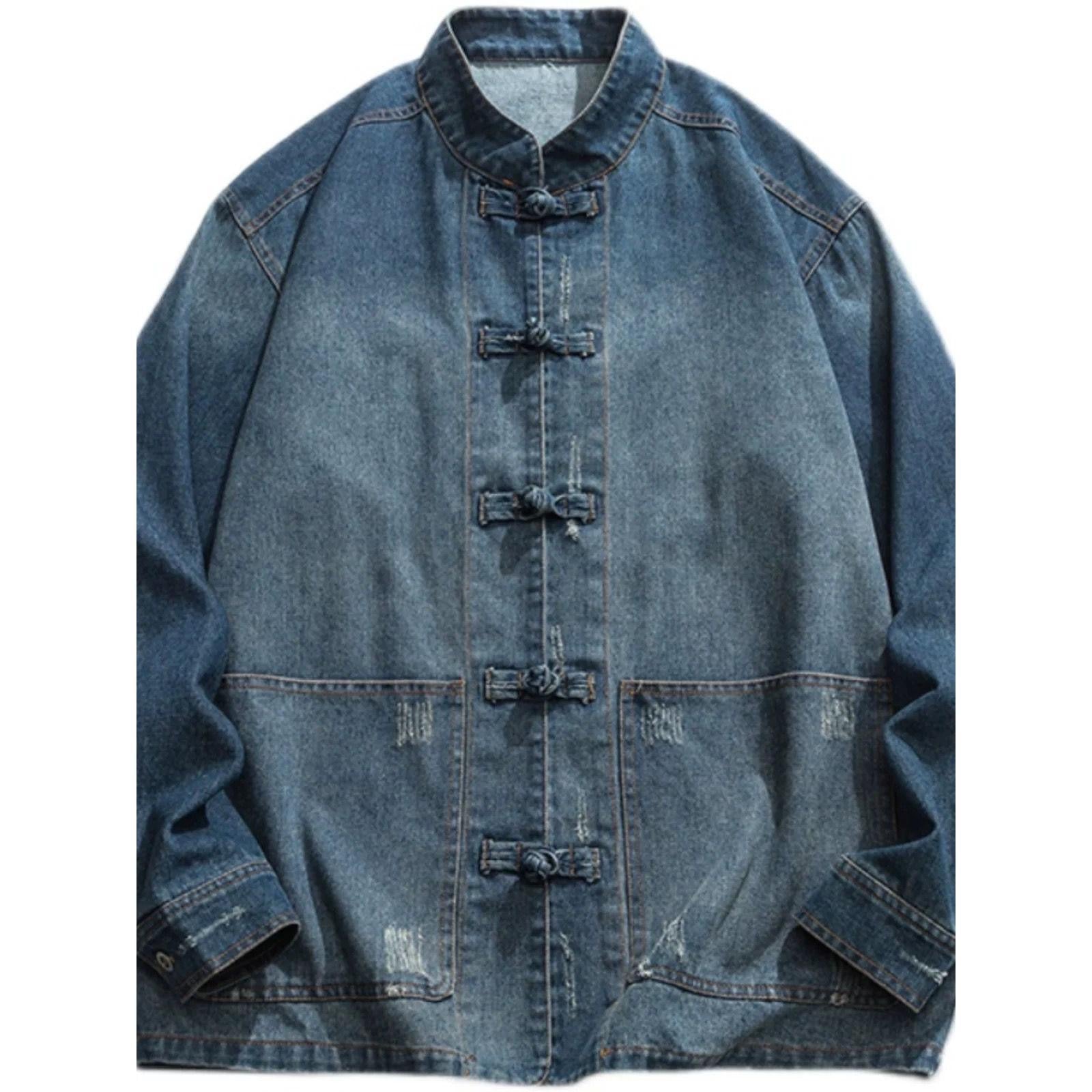 Hearujoy Retro Chinese Style Washed Denim Jacket For Men Spring Autumn Long Sleeved Stand Collar Top Fashion Vintage Ethnic Shirts Coat