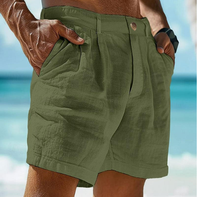 Hearujoy Summer Men Cotton Linen Shorts Solid Color Button Elastic Waist Beach Shorts Lightweight Gym Pants Comfort Breath Holiday Shorts