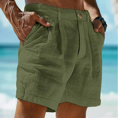 Hearujoy Summer Men Cotton Linen Shorts Solid Color Button Elastic Waist Beach Shorts Lightweight Gym Pants Comfort Breath Holiday Shorts