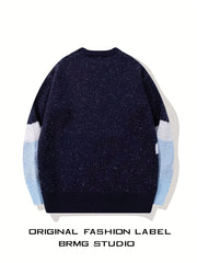 Hearujoy Navy Blue and Light Gray Letter "A" Knit Sweater - Casual, Loose Fit, Fashionable Pullover for Fall/Winter, Cute Sweaters