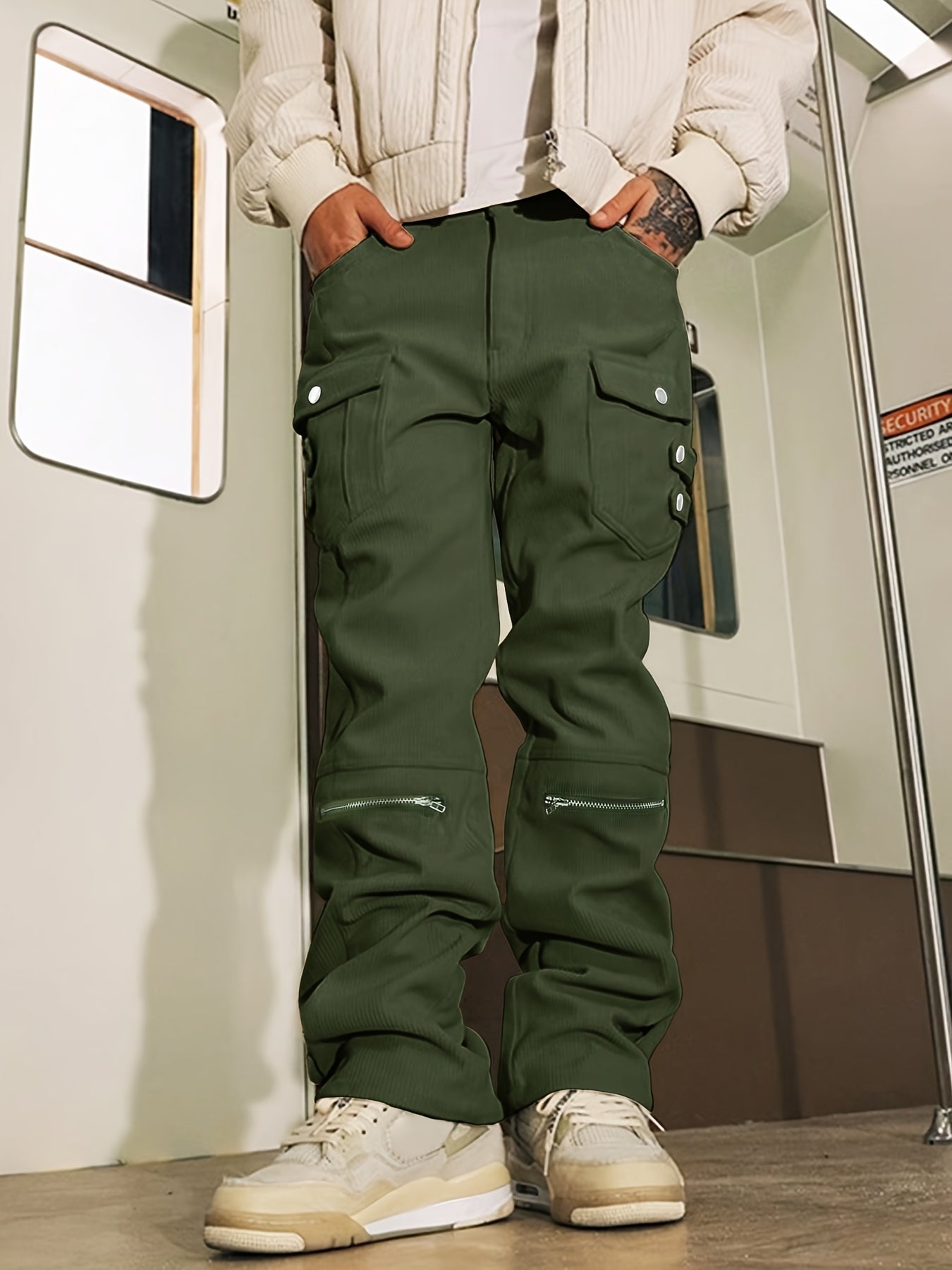 Hearujoy Men's Olive Green Corduroy Cargo Pants with Elastic Waist, Multiple Pockets & Zipper Details – Stylish Straight Leg Trousers for Casual Attire, Casual Streetwear|Street Style Pants|Durable Fabric